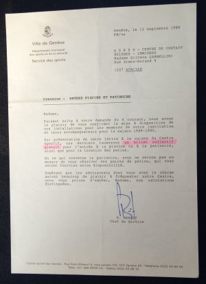 Lettre du Service des sports de la Ville de Genève à l'AGRES au sujet d'entrées offertes à la piscine et à la patinoire